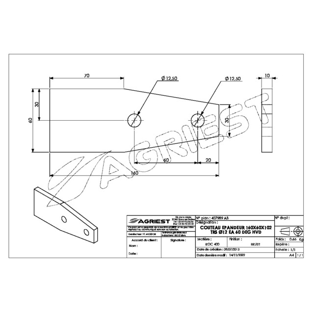 Couteau Epandeur 160X60X10 2 TRS Ø12,5 EA 60 Adaptable Deguillaume Hardox référence fournisseur 407989
